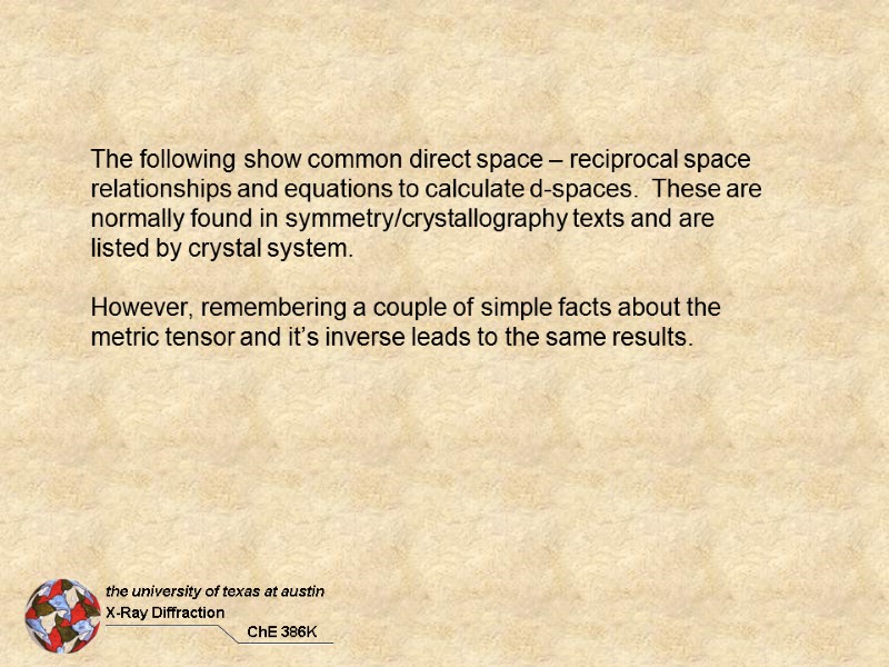 The following show common direct space – reciprocal space relationships and equations to calculate